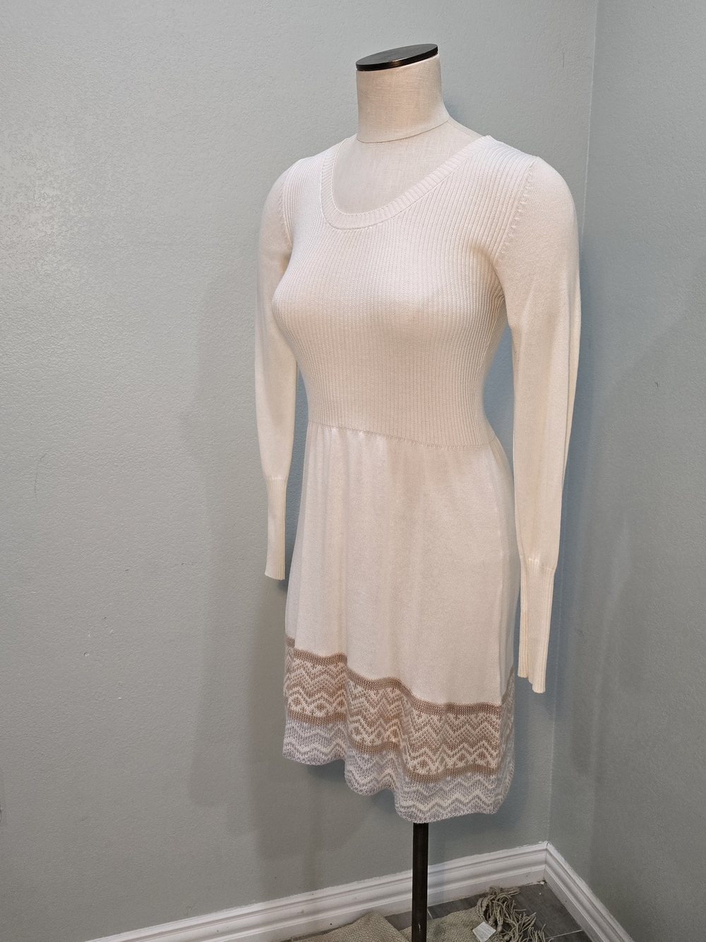 Ultra Flirt Cream Knit Long-Sleeve Dress with Lace Hem Trim
